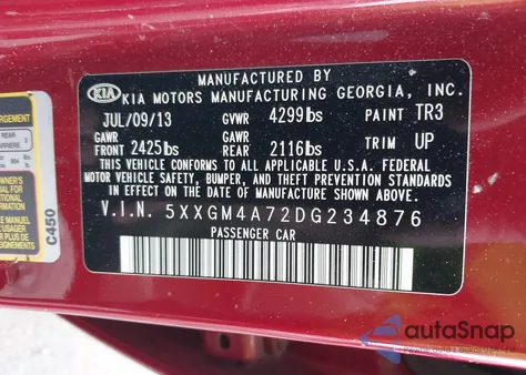 2013 Kia Optima Lx z USA, uszkodzony, nr VIN 5XXGM4A72DG234876